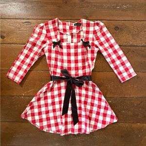 Bernie Dexter Red Plaid Babydoll Dress with Black Bows & Puff Sleeves